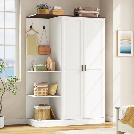 Wardrobe Closet, Modern Bedroom Armoires with 5 Shelves, 2 Doors, Large Wooden Closet Cabinet with 30W x 52H Hanging Area