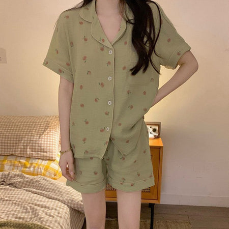 Women's Pajamas Set Foam Cotton Sleepwear Button down Tops and Shorts Pajama 2 Piece Suit Femme Nightwear Loungewear for Summer