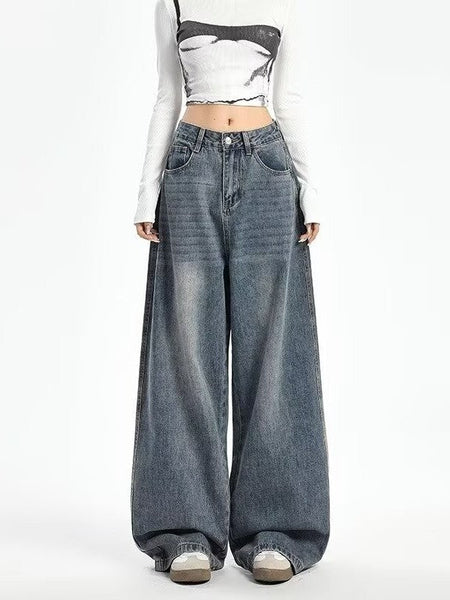 Retro High Waist Wide Leg Jeans Women Summer New plus Size Loose Slimming Pear ape Straight Leg Pants Casual Waed Blue