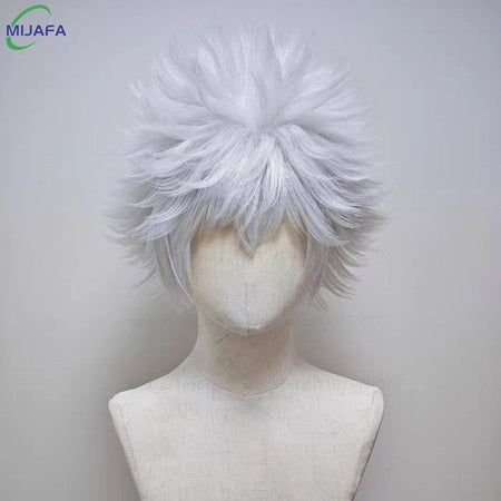 High Quality Anime Hunter Killua Zoldyck Cosplay Wig 30cm Short Silver White Heat Resistant Synthetic Hair Party Wigs + Wig Cap
