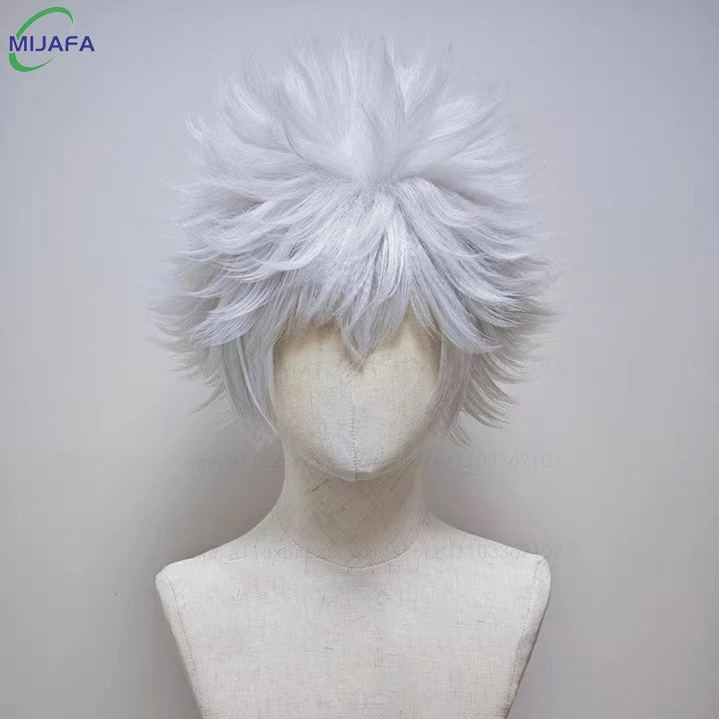 High Quality Anime Hunter Killua Zoldyck Cosplay Wig 30cm Short Silver White Heat Resistant Synthetic Hair Party Wigs + Wig Cap