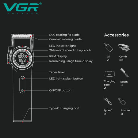 VGR 001 977 new hair trimming set high-end men's hair clipper intelligent digital display electric pusher carving and whitening