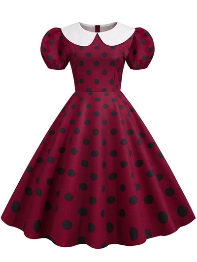 Elegant Women Summer Dress Puff Short Sleeve Polka Dot Peter pan Collar Vintage A-line Midi Long Party Sundress