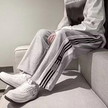 Button down casual pants for men in summer, Korean style trendy stripes, color blocked high street straight leg pants, Hong Kong