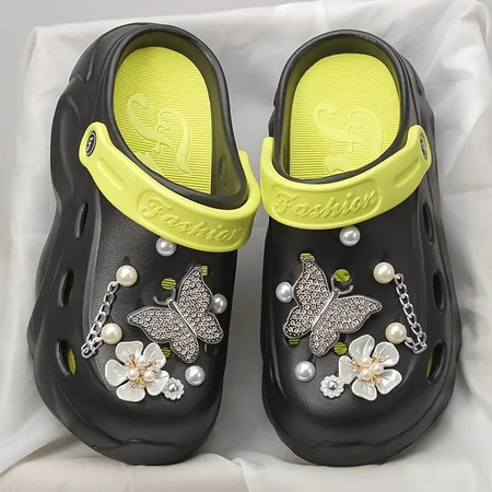 Silver Butterfly Platform Sandals for Women Summer Fashion Pearl Flower Decor Clogs Shoes Woman Thick Bottom EVA Beach Slippers
