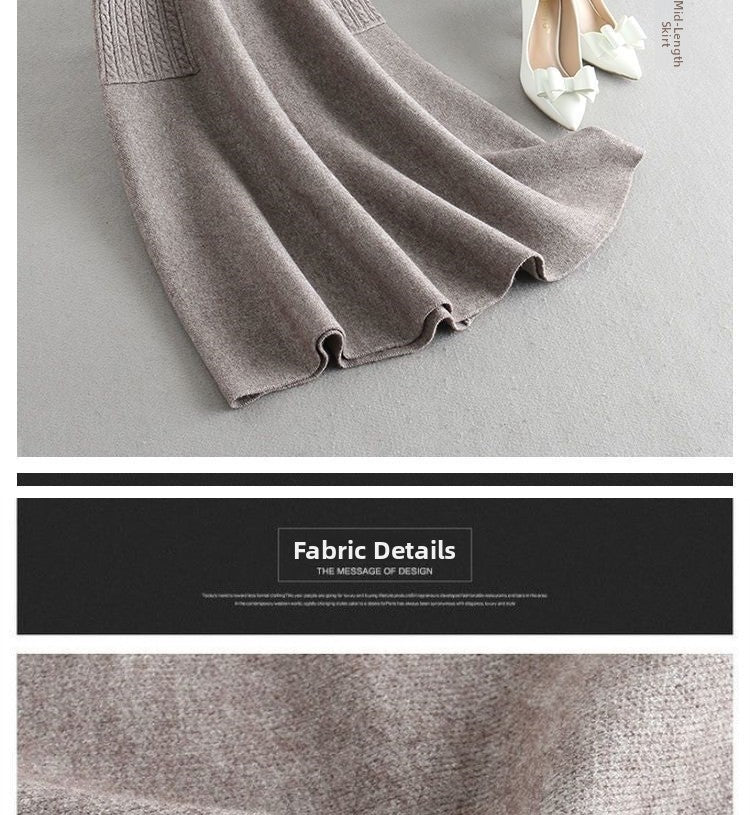 Autumn Winter Women's Mid-Length Knitted Pleated Skirt High Waist A-Line Long Skirt Loose Fuzzy Wool Skirt Double ket