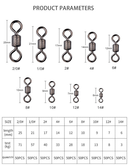 Meredith 50PCS/Lot Fishing Swivels Ball Bearing Swivel with Safety Snap Solid Rings Rolling Swivel for Carp Fishing Accessories