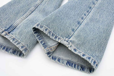 HH 2024 Women's Street Fashion Denim Blue Jeans Distressed Patchwork High Waist Zipper Fly Ripped Retro Long Pants