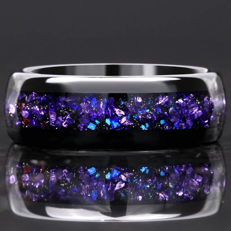 Mens Tungsten Carbide Ring Amethyst Inlay Black Wedding Band Engagement Promise Jewelry Gift 8MM Width Durable For Men DailyWear