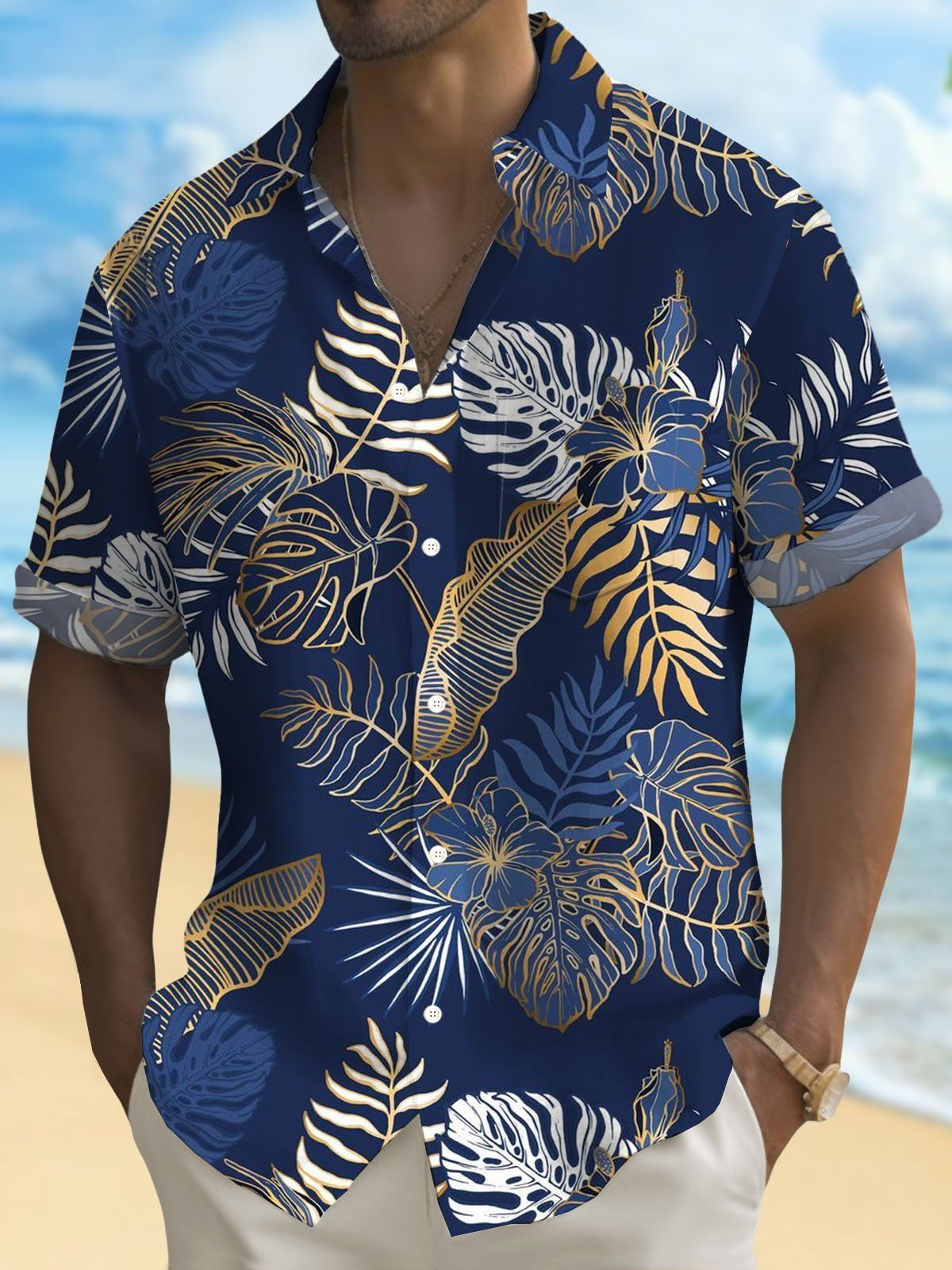 Hawaiian Plant Golden Leaves 3D Print Men's hawaiian Shirt Outdoor Street Casual Summer Turndown Short Sleeve Polyester Shirt