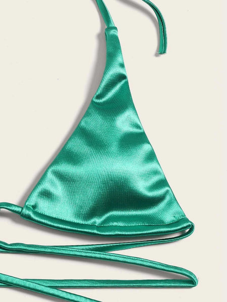 Wrap Around Halter Metallic Satin Bikini Women Swimwear Female Swimsuit Two-pieces Bikini Set Brazilian Bathing Suit Swim Lady