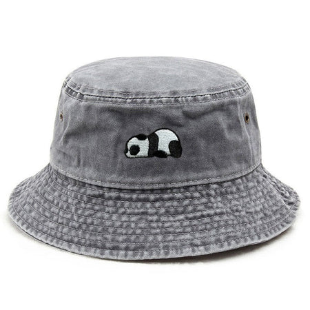 Panda Embroidery Washed Cotton Bucket Hat for Men Women Vintage Wide Brim Sun Protection Adjustable Outdoor Fishing Beach Cap