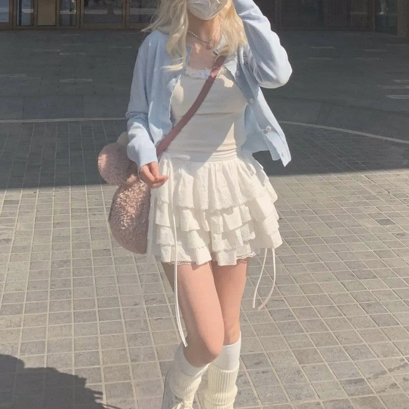 Summer White Mini Skirts Women Lace Patchwork Sweet A-line Slim High Street Bow Korean Fashion Y2k Skirt Harajuku Streetwear Ins