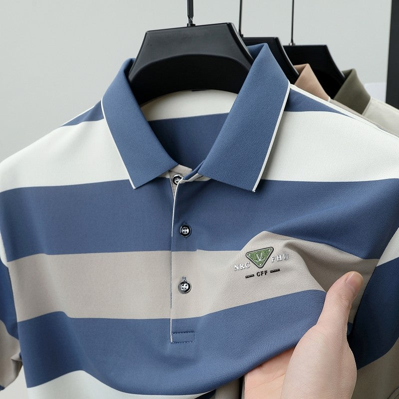 100% pure cotton fashion short sleeve polo shirt men's luxury brand embossed wide stripe color blocked summer casual lapel top