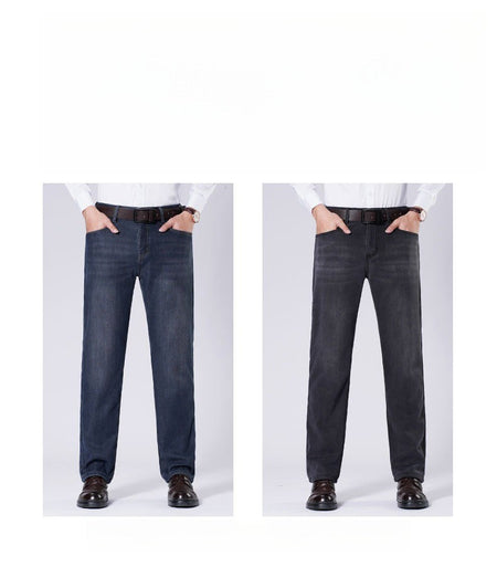 Men's Fleece Straight Leg Jeans Winter Thick Warm Business Casual Velvet Pants Elastic Loose Trousers Outdoorwear
