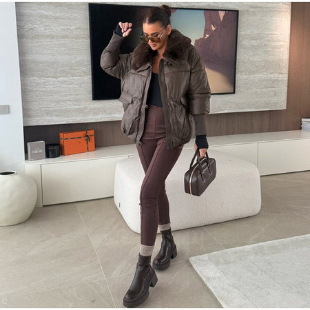 Vintage Women's Fur Coat Elegant Furs Collar Puffer Thicken Full Sleeve Jacket With Furs Female 2025 Autumn Winter Woman Coats