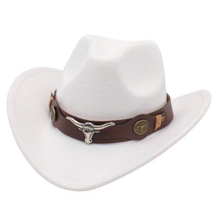 New Felt Western Cowboy Hat Ox Head Accessories Ethnic Style Roll Brim Cowgirl Cap with Cow Band Soft Jazz Fedora Hats Men