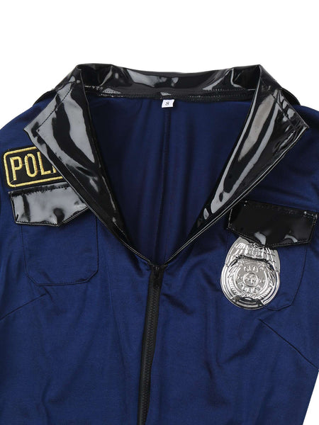 Mens Police Uniform Cosplay Outfits 7-Piece Dirty Cop Officer Costumes Front Zipper Role Play Jumpsuit Hat Belt Manacles Badge