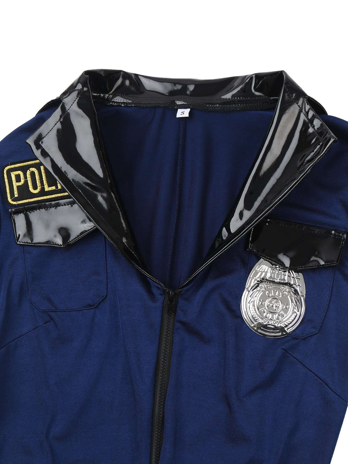Mens Police Uniform Cosplay Outfits 7-Piece Dirty Cop Officer Costumes Front Zipper Role Play Jumpsuit Hat Belt Manacles Badge