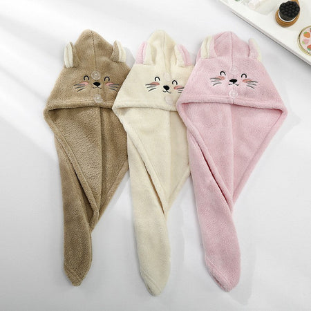 Cute Soft Microfiber Towels Shower Cap Towel Bath Hats Dry Hair Cap Quick Drying Cat Hat for Women Lady Turban Head Girl Towel