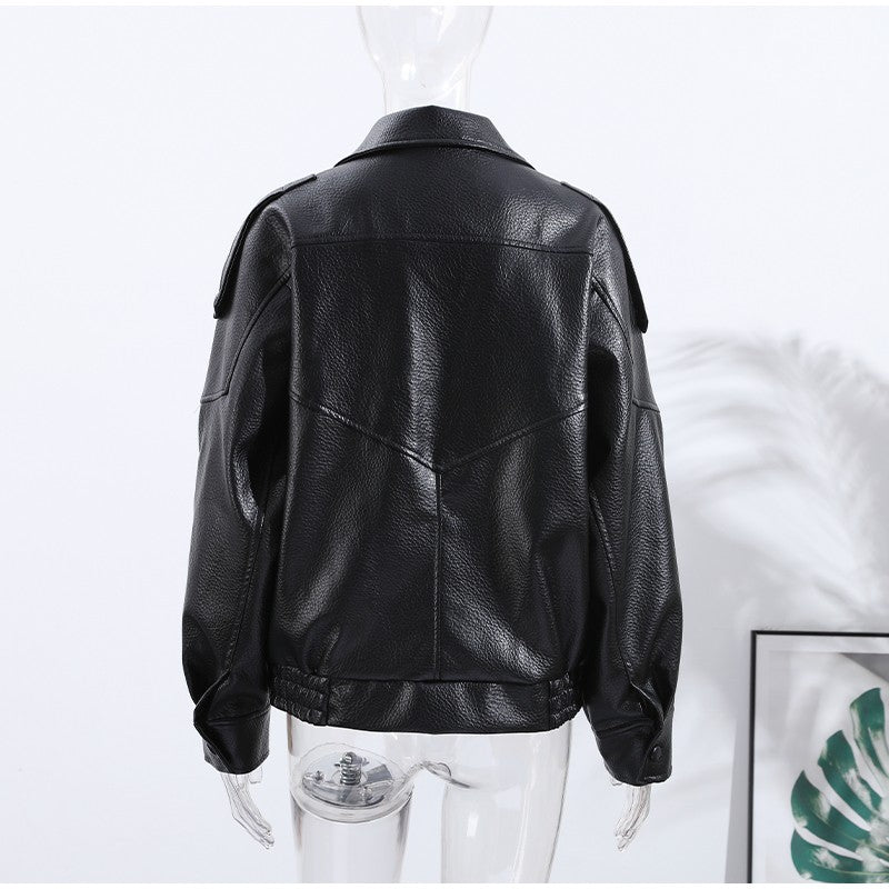 Street Stand Collar Women's Leather Jacket Loose Long Sleeve Zipper Pockets Chic Female Coats 2025 Autumn Winter Lady Outerwear