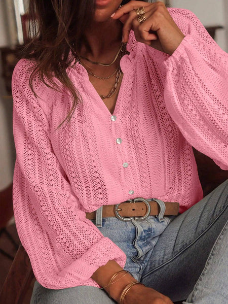 2025 Spring and Autumn Long Sleeve Women's Shirt Loose Fashion All-Match Hollow Lace V-neck Single Breaked Blouses