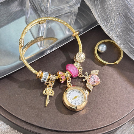 Cross-border Gold Bracelet Watch Adjustable opening Alloy bracelet Quartz Watch Beaded Small flower bracelet Watch