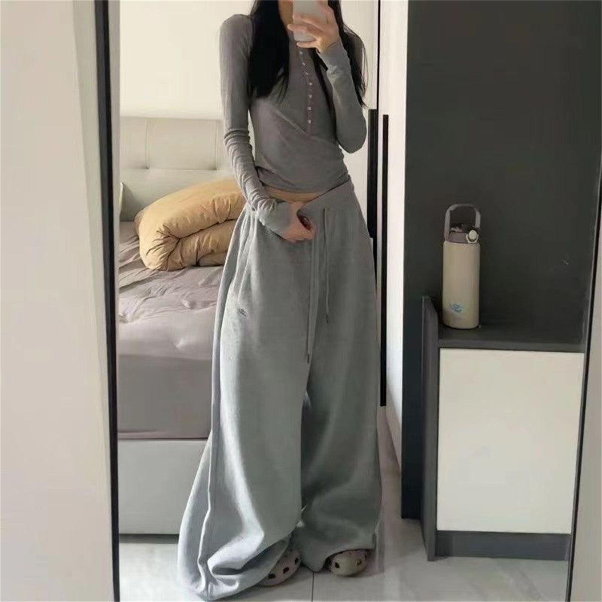 Oversize Woman Grey Black Sweatpants Y2K Korean Streetwear Loose Casual Jogger Pants High Waist All Match Drawstring Trousers