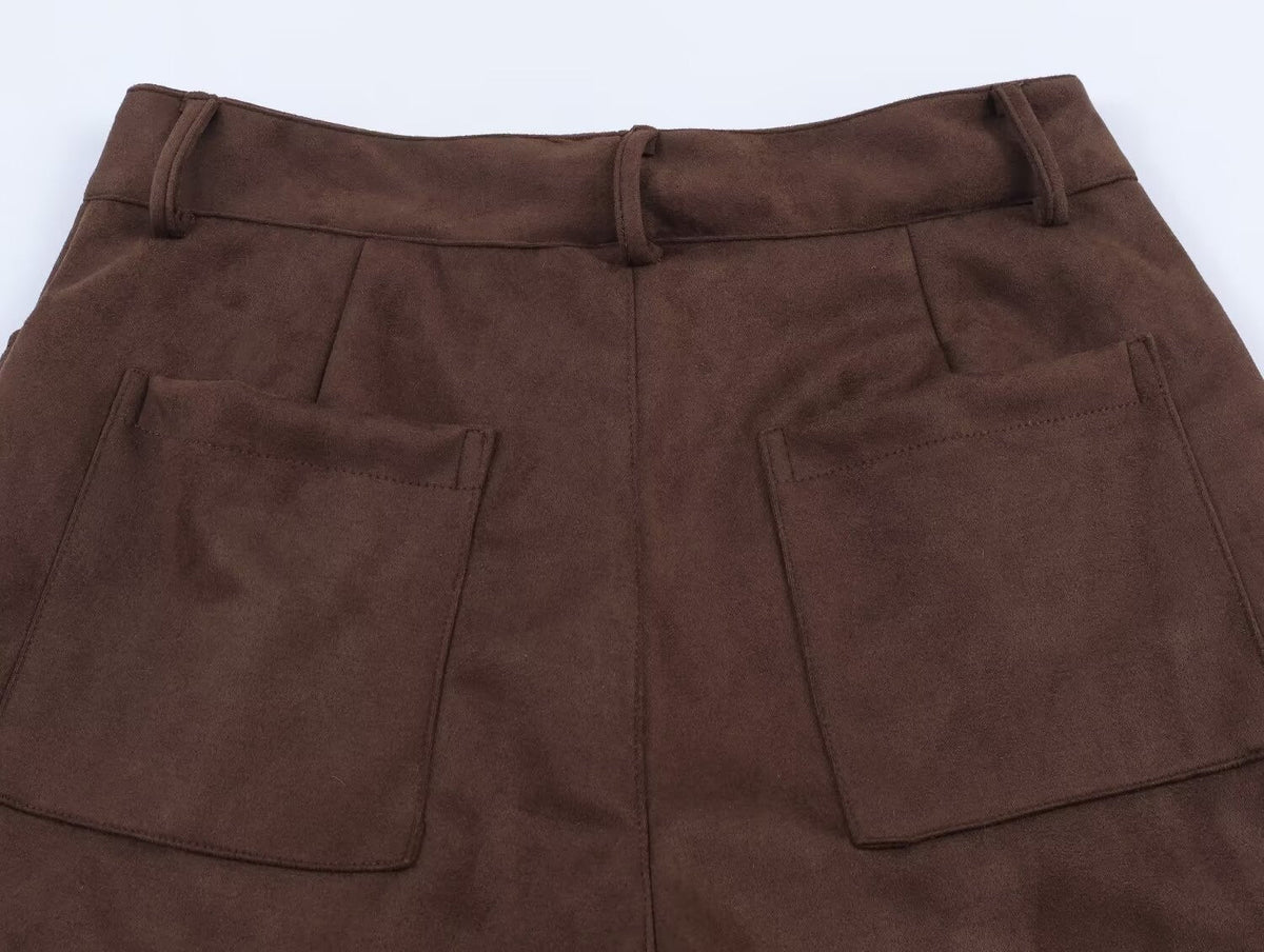 Die-Cut Hem Faux Suede Wide Leg Pants For Women Vintage Brown High Waist With Pockets Casual Loose Trousers