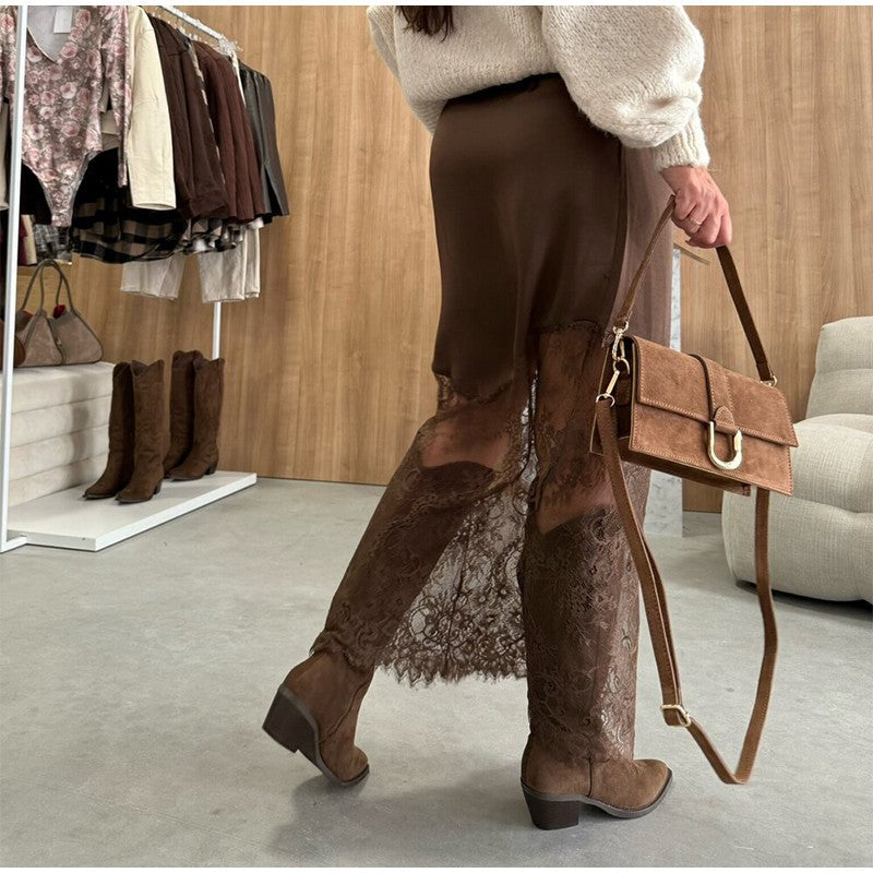 Sexy Lace Patchwork Long Skirt Women Elegant Fashion Solid Waist Cinched Mid-length Bottom Lady 2025 Party Daily Street Skirts