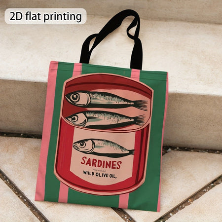 1pc Canned Sardines Durable Polyester Tote Bag - High-Quality Printed Design, Ideal for Work, Travel