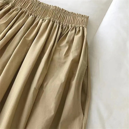 Women Solid Long Skirt Fashion Pockets Pleated Knee Length Skirts Autumn 2025 New Casual Elegant High Waist A Line Femme Skirts