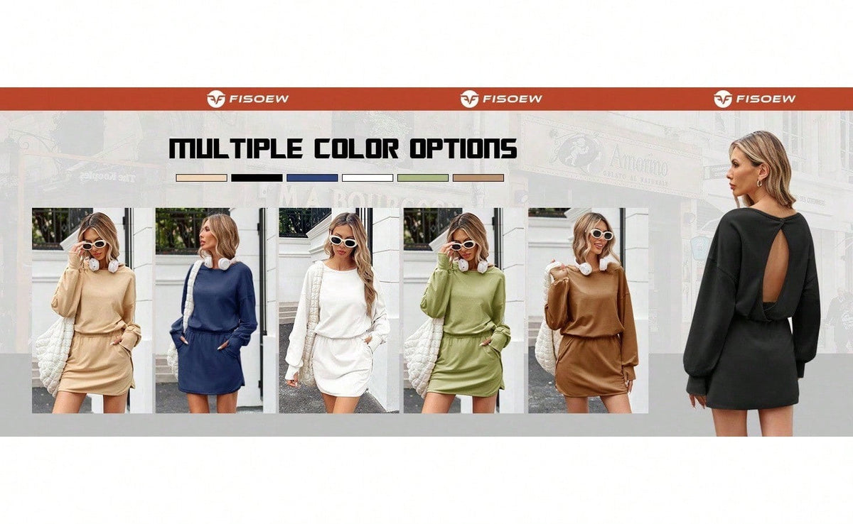 Sexy Women Long Sleeve Active Dress Mid-Calf Elastic Waist Pleated Backless Keyhole Workout Dress With Built In Shorts
