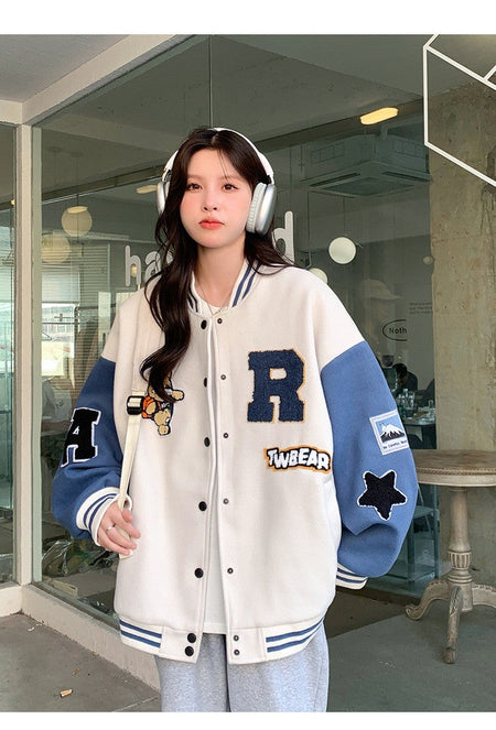 New Autumn and Winter Padded Baseball Jersey Women American Retro Loose Sweater Women Jacket