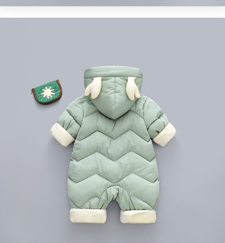 Demin-season Winter Kids Boys Rompers 2025 Cartoon Pockets Hooded Bodysuit For 0-3Y Newborn Infant Babys Boys One-piece Jumpsuit