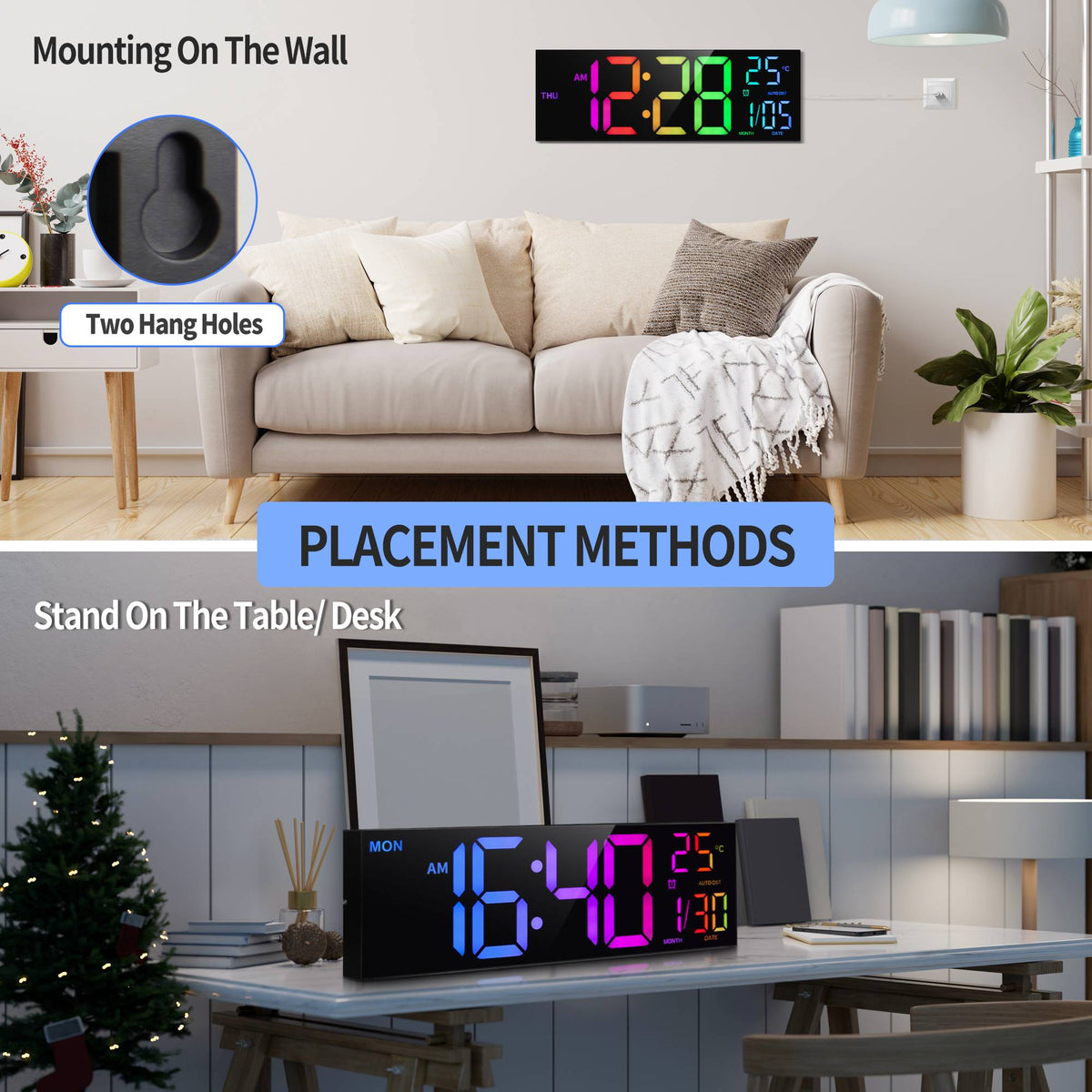 16" Large Digital Wall Clock, Big LED Display with Remote, 8 RGB Color, Alarm, DST, Temperature for Living Room, Kitchen