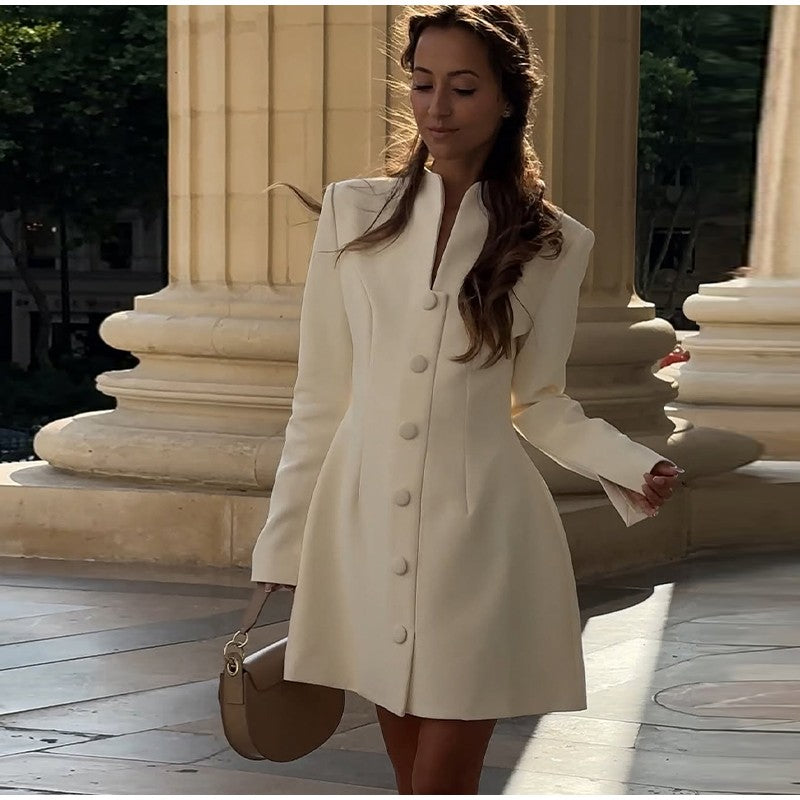 Fashion Solid Cinched-waist Mini Dress Women Elegant Lapel Full Sleeve V-neck A-line High Waist Dresses Lady Office Commute Gown
