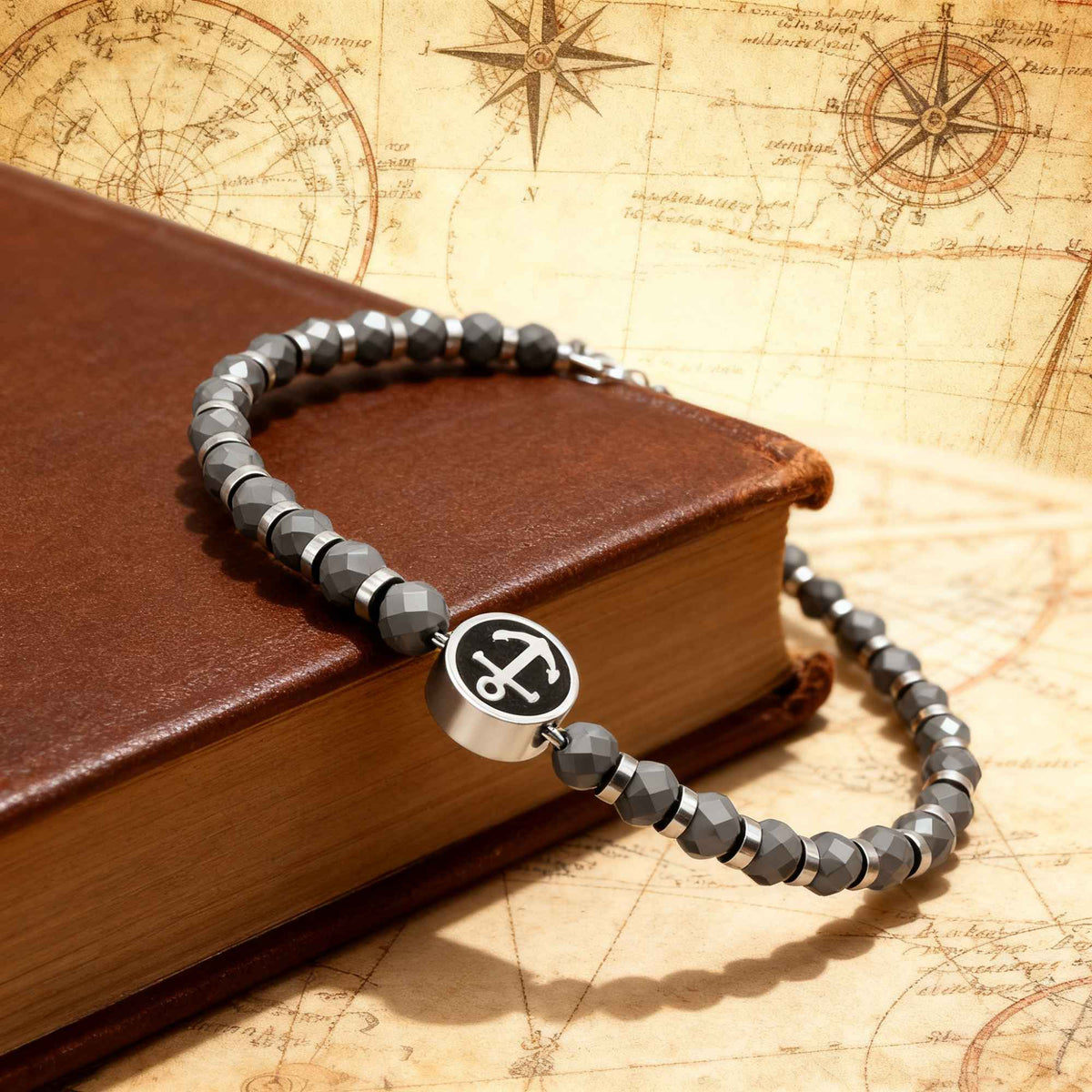 Runda Men's Bracelet with Black Iron Ore Anchor Pendant Stainless Steel Adjustable 22cm Fashion Charm Bead Jewelry