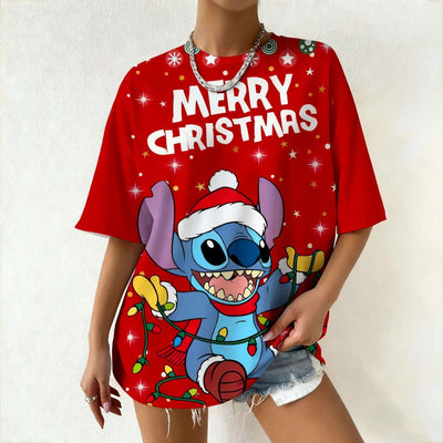 Women's Disney Stitch Christmas Tee Summer Oversized Short Sleeve Top Streetwear Daily Fashion & Trendy Outfits Casual T-Shirt