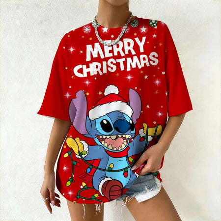 Women's Disney Stitch Christmas Tee Summer Oversized Short Sleeve Top Streetwear Daily Fashion & Trendy Outfits Casual T-Shirt