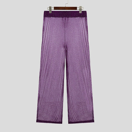 Shiny Men Casual Trousers 2024 Men Fashion Long Pnats INCERUN Elastic Waist See Through Wide Leg Bottoms Trousers Men