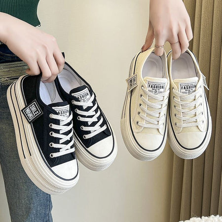 2024 New Women's Black Platform Canvas Sneakers Lace-up Comfortable Shoes Fashion Outdoor Multi-functional Sports Canvas Shoes