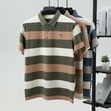 100% pure cotton fashion short sleeve polo shirt men's luxury brand embossed wide stripe color blocked summer casual lapel top