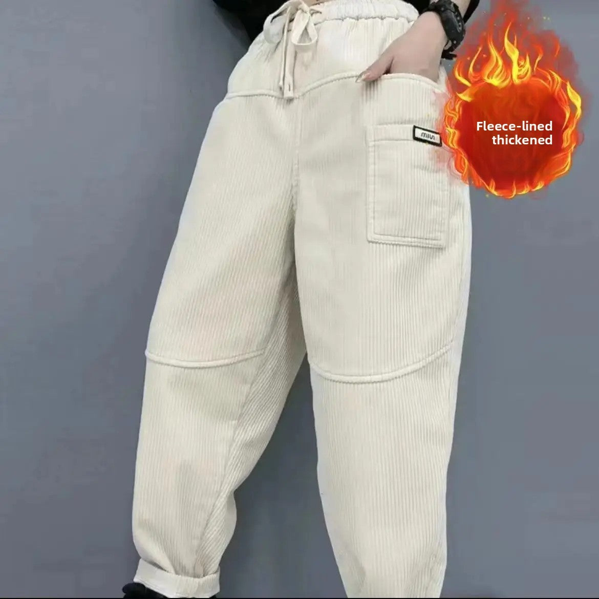 Thickened Fleece Lined Corduroy Harlan Pants Winter New Fashion Long Trousers Elastic Waist Loose Versatile Trendy Women's Cloth