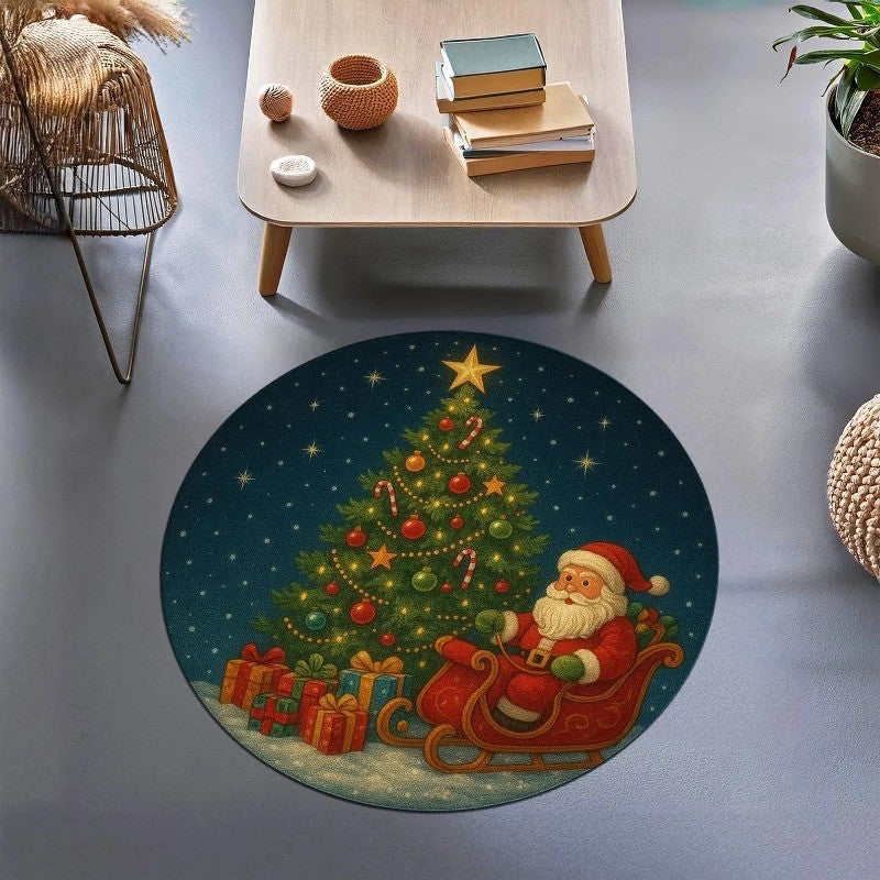 Round Christmas Carpet Festive Area Rug Non-Slip Wear-resistant Circle Carpet for Living Room Bedroom Soft Floor Mat Home Decor