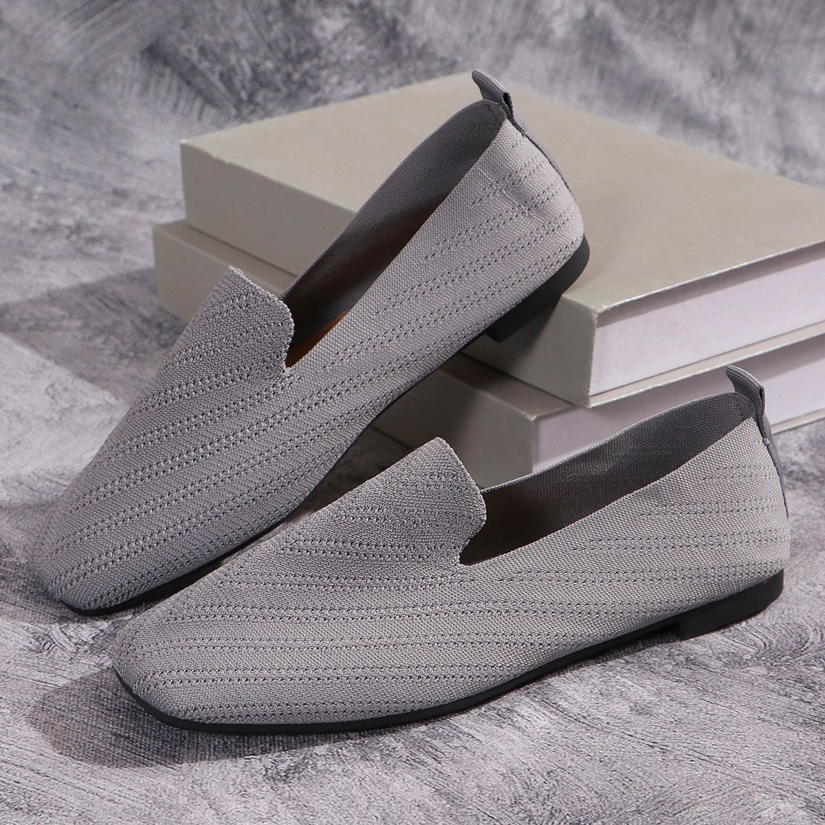 2025 Solid Color Square Toe Mesh Loafers Shallow Women Flats Shoes Soft Bottom Knit Ballet Flats Shoes Casual Slip on Shoes