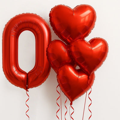 6Pcs/Set 32in Red Foil Number and 18in Heart Balloons Valentine's Day Birthday Christmas Party Decorations Anniversary Halloween