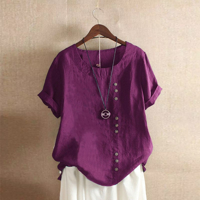 New Summer Women's Plus Size Shirt O-neck Cotton and Linen Loose Casual Ethnic Style Elegant Casual White Pink Top for Women