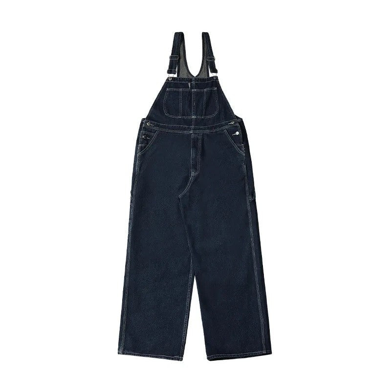 Retro Japanese Style Overalls Casual Straight Leg Workwear Jeans American Streetwear Couples Denim Overalls Loose Fit Men's Jean