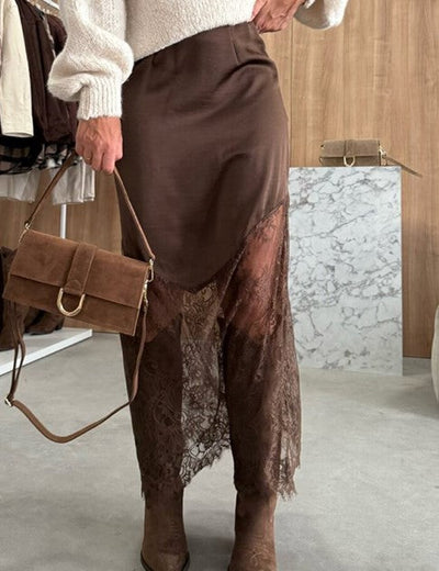 Sexy Lace Patchwork Long Skirt Women Elegant Fashion Solid Waist Cinched Mid-length Bottom Lady 2025 Party Daily Street Skirts
